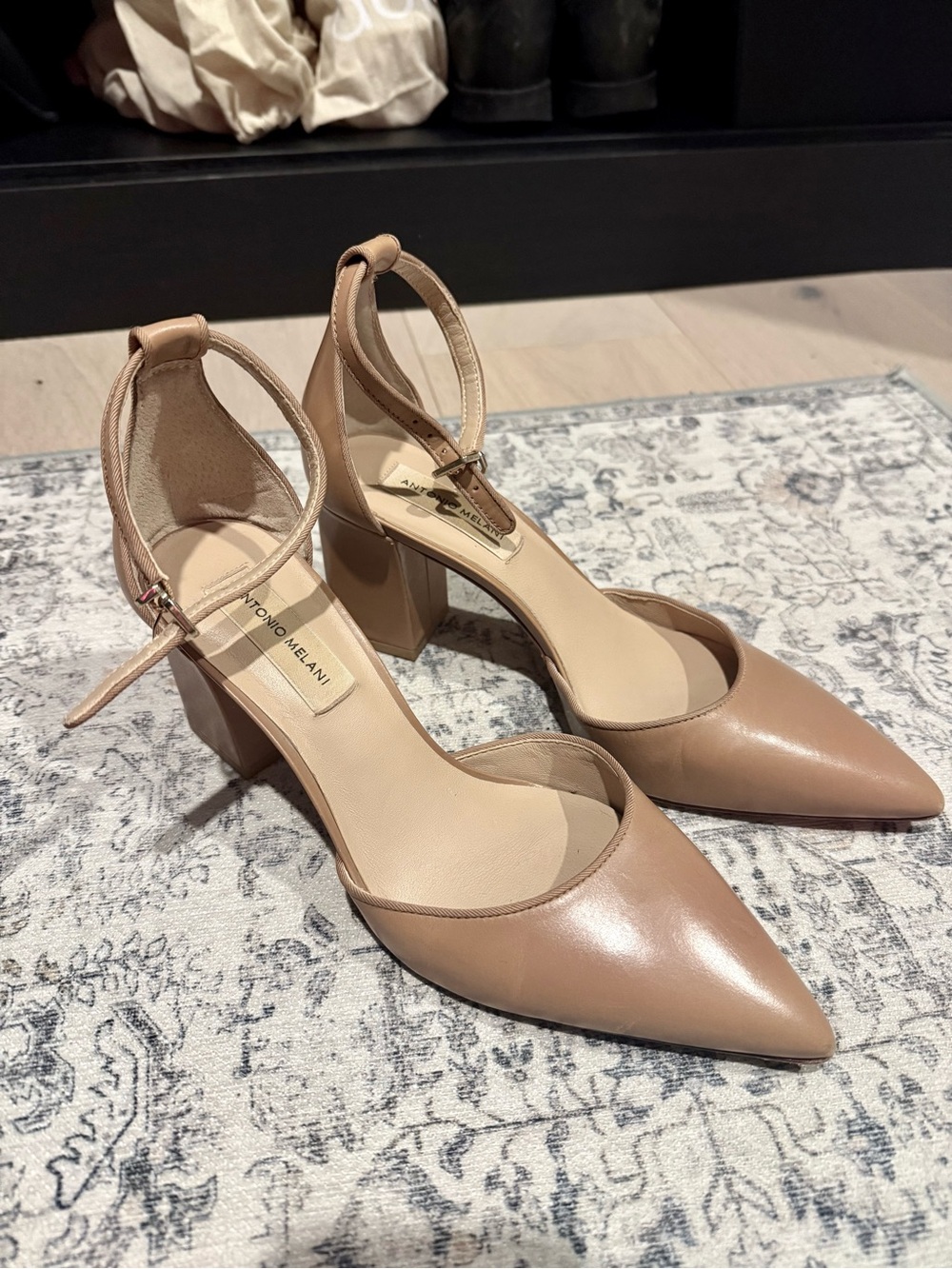 ANTONIO MELANI Beige Pointed-Toe Ankle-Strap Block Heels